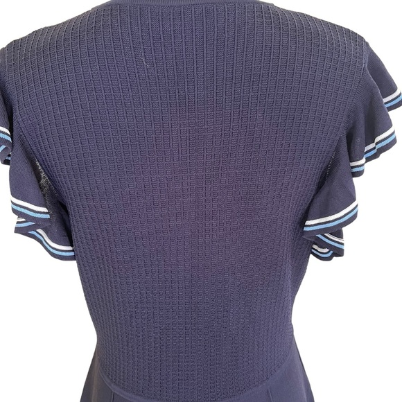 Lela Rose Pearl Navy Blue Ruffle Front Pearl Button Knit Dress L - Picture 11 of 16